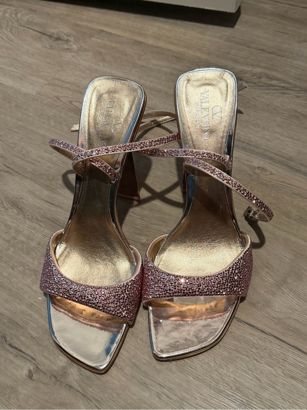 Valentino Rose Pink Crystal Embellished Strappy Block Heel Sandals